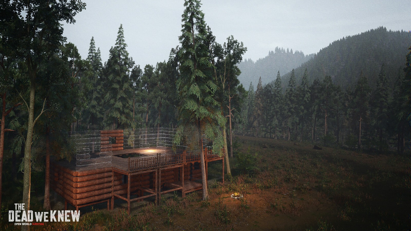 Multi-level wooden base with wireframe sections and campfire