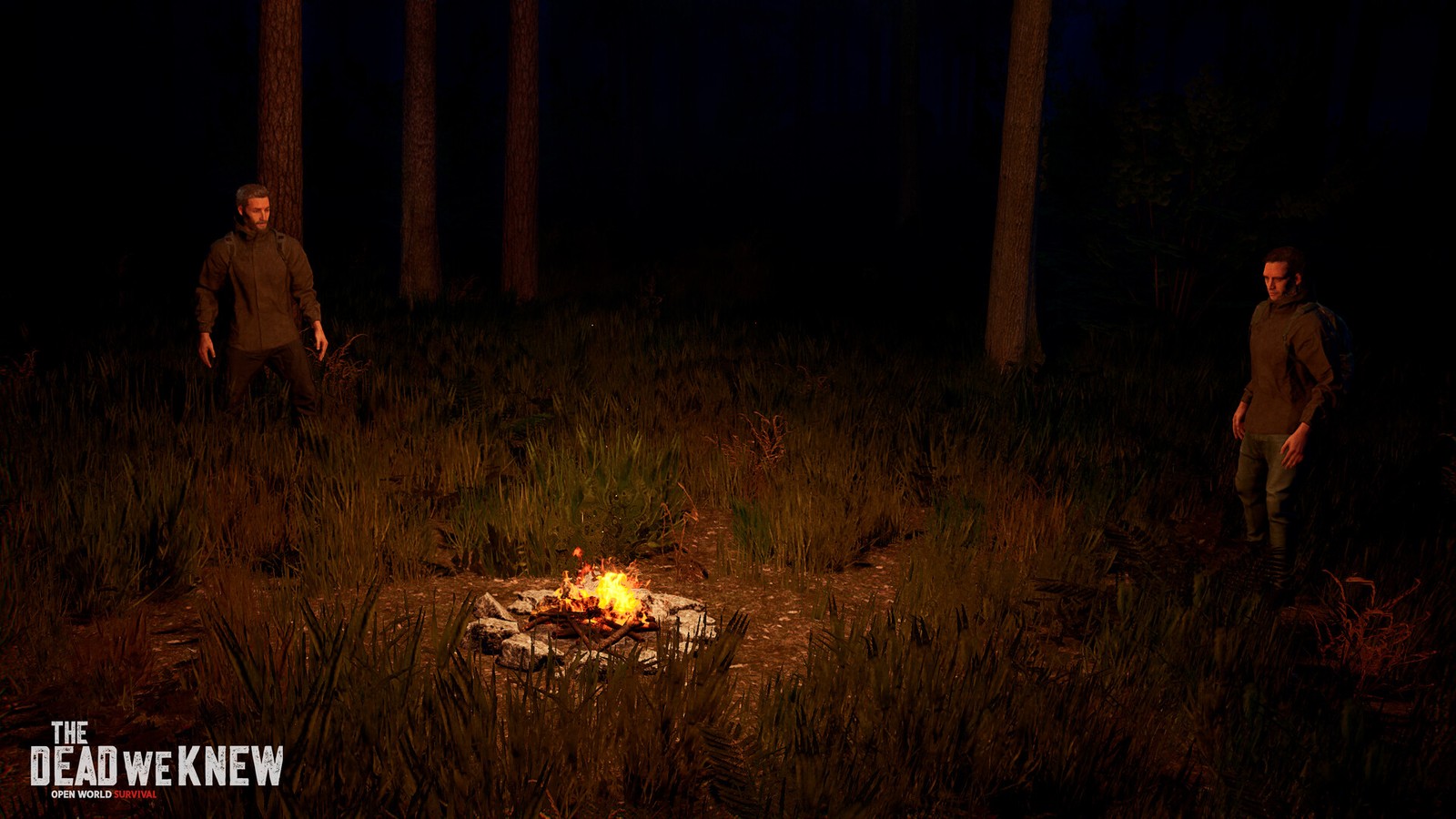 Stone-ring campfire at night with two survivors