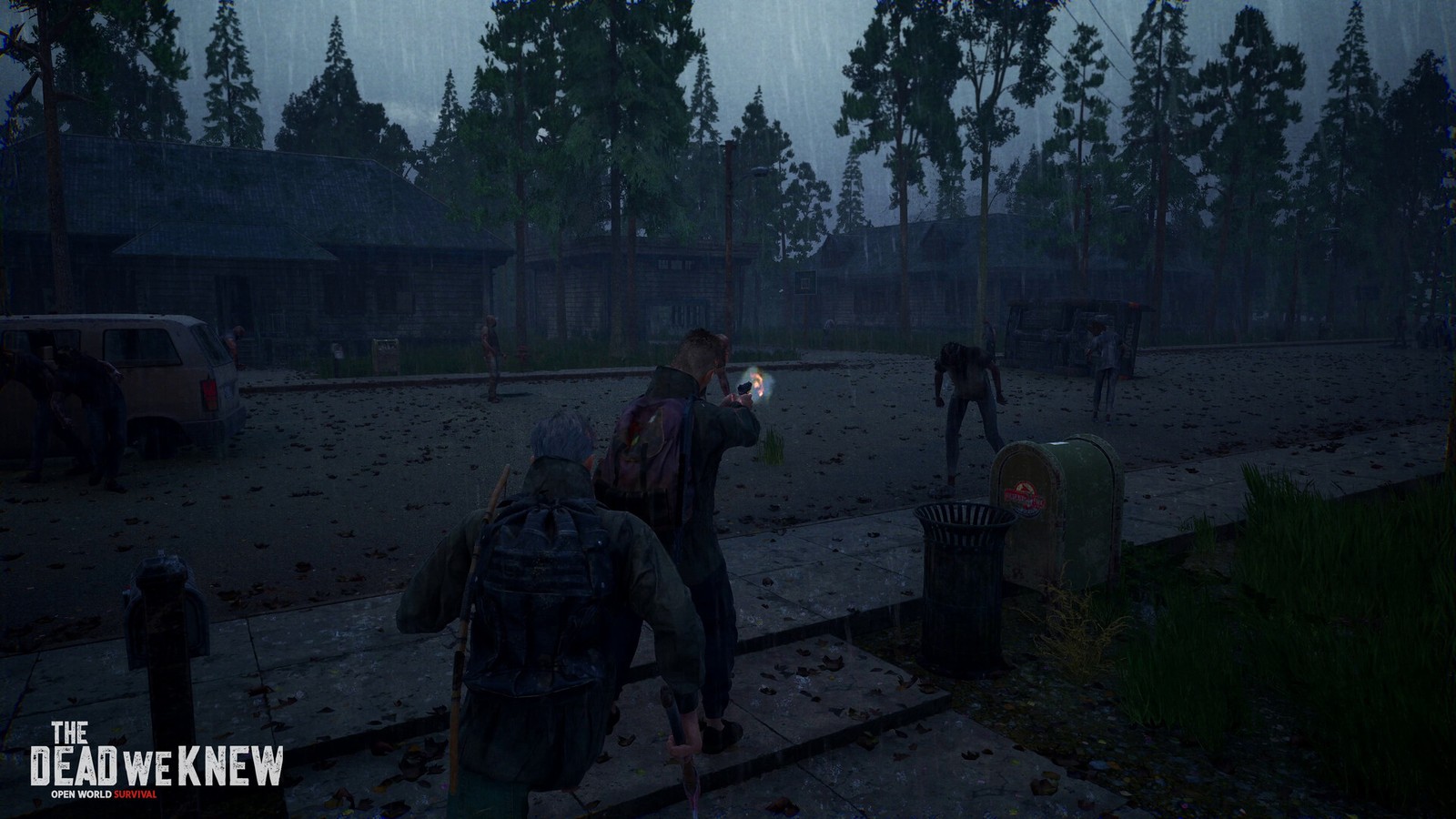 Two survivors fighting zombies together in the rain